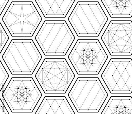 Intricate geometric seamless pattern featuring interconnected hexagons and star shapes, forming complex network of dots and lines with symmetrical, mesmerizing visual structure