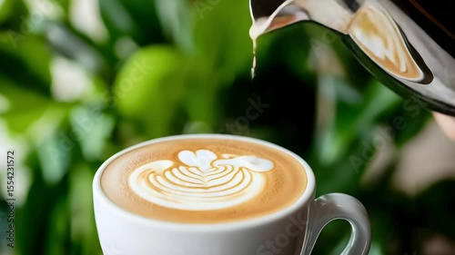 A cup of coffee with latte art being poured into it, surrounded by greenery.