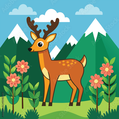 Isolated wild deer and reindeer vector illustration in the forest.