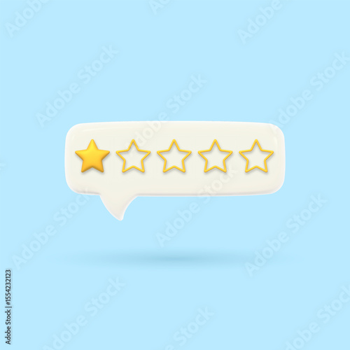 3D speech bubble with one gold rating star. Visualizing poor service quality assessment. Render of voting, rating or survey on the product. Customer feedback. Volumetric chat messages