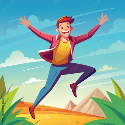 happy man jumping in the air with his hands up.