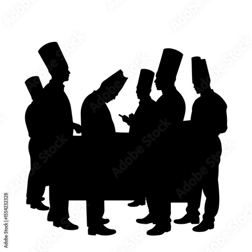 Cooks collaborating in a kitchen brigade silhouette, teamwork concept