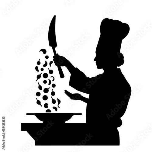 Chef joyfully chopping vegetables in the kitchen, culinary art