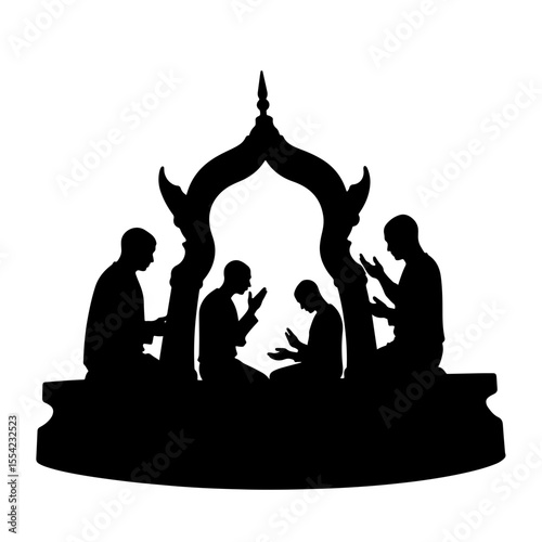 Monks performing rituals in temple silhouette, spiritual devotion