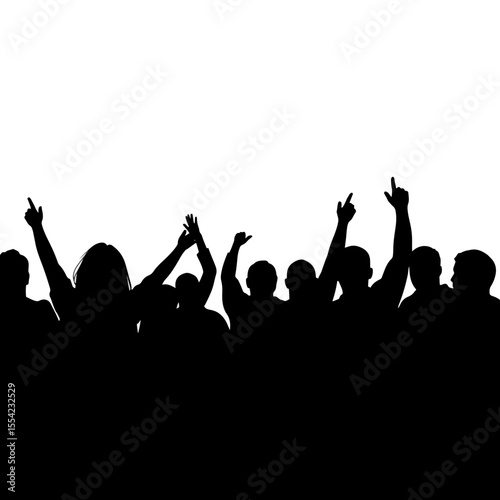 Diverse crowd celebrating with raised hands, joyful expressions