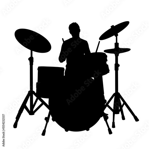 Silhouette of drummer passionately playing a drum set, music art