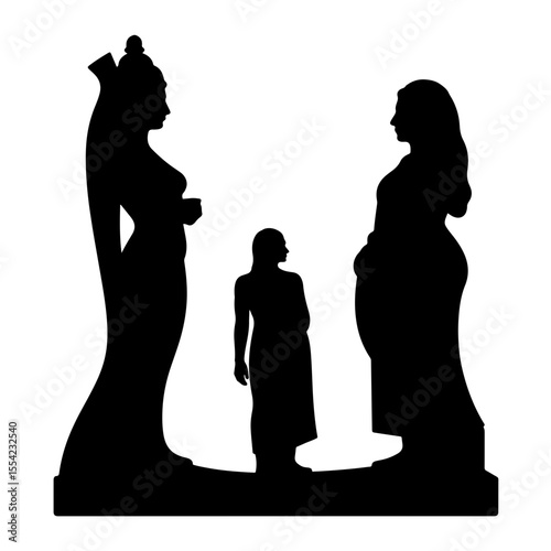 Silhouettes of ancient deity statues representing divinity, symbolism