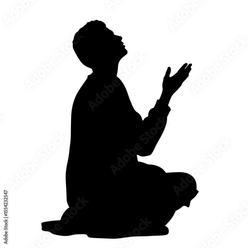 Person praying in silhouette against white background, devotion and faith