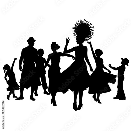 Joyful dancers in silhouette at a festive parade, celebration and unity