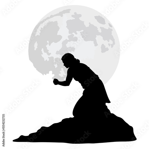 Silhouette of person bowing to full moon, moon worship concept