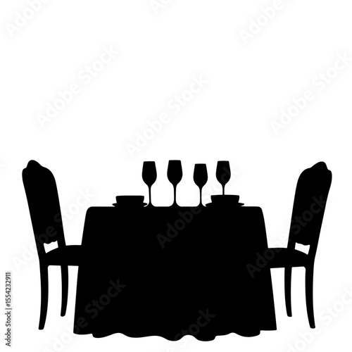 Elegant silhouette of a grand dining setting with wine glasses, festive feast