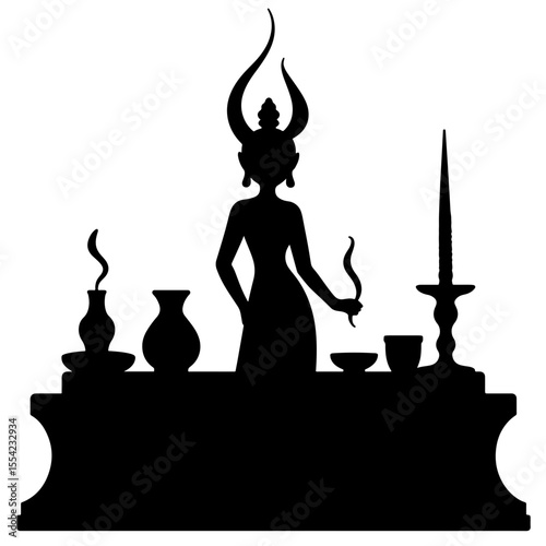Silhouette of ritual altar with incense and candles, ancestor worship