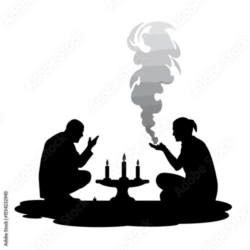 Silhouettes of ancestor worship with smoke and candles, spiritual connection