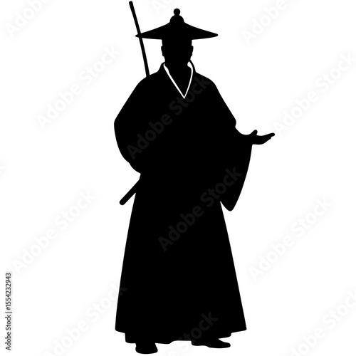 Korean shaman silhouette in ritual attire on white background, tradition