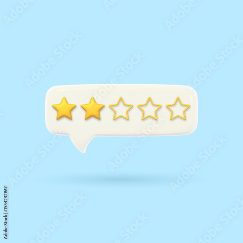 3D speech bubble with two gold rating stars. Visualizing poor service quality assessment. Customer feedback. Volumetric chat messages. Render of voting, rating or survey on the product