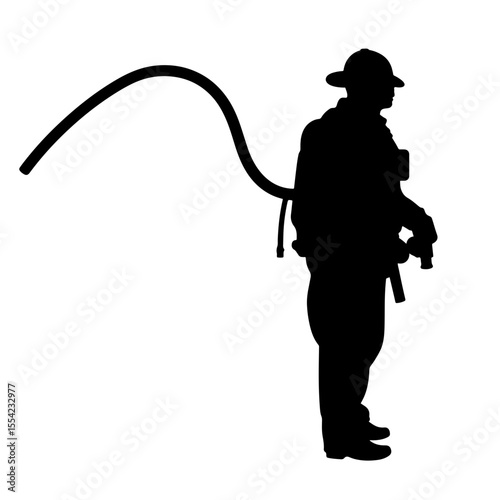 Silhouette of firefighter holding fire hose, emergency response concept