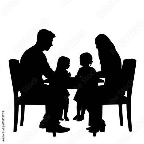 Family gathering in silhouette around a table, togetherness concept