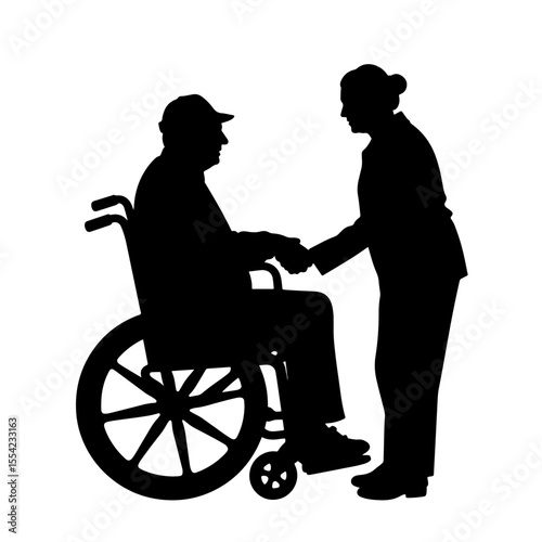 Caregiver assisting elderly person in wheelchair silhouette, elderly care