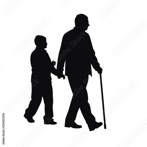 Elderly man walking with a cane and child, silhouette independence