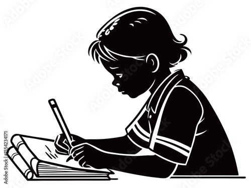 Focused Young Student Writing in Notebook with Pencil Silhouette Style silhouette image young