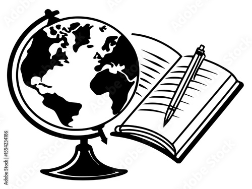 Globe with Open Book and Pen Education Concept in Black and White silhouette