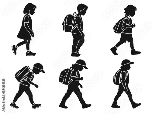 Diverse Group of School Children Walking with Backpacks in Silhouette Style collection children
