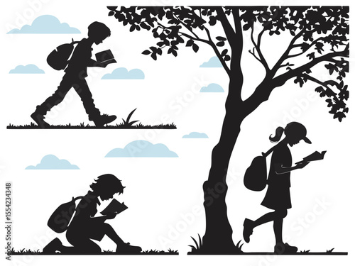 Children Reading Books Outdoors in Nature Silhouette Style Illustration with Clouds This illustration