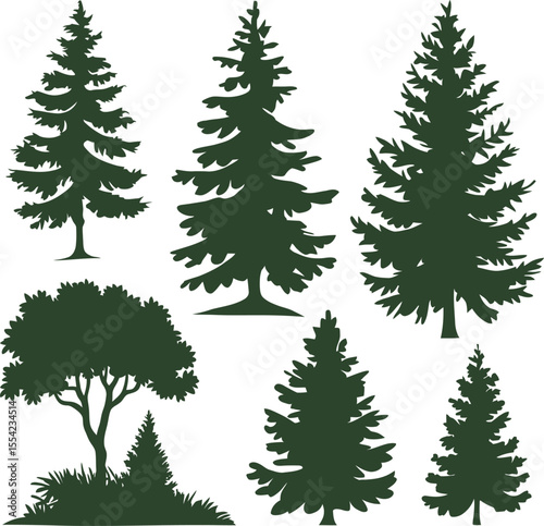 Vector Set of Mixed Tree Silhouettes Including Pine and Deciduous Trees