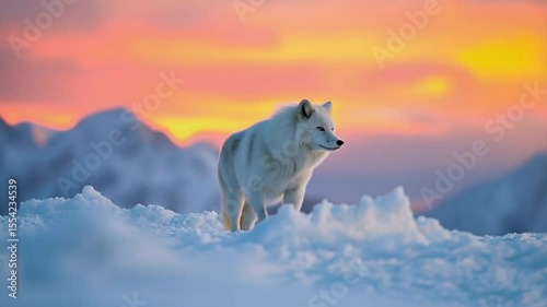 Arctic fox sitting on snow with a colorful sunset background in a winter landscape scene video