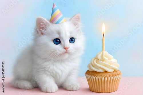 Fluffy white kitten wearing a tiny birthday hat beside a cupcake with candle, pastel background.