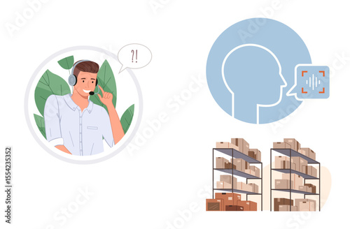 Support agent in headset speaking, voice recognition interface, and stacked warehouse shelves. Ideal for customer service, AI technology, retail logistics, e-commerce, communication, inventory
