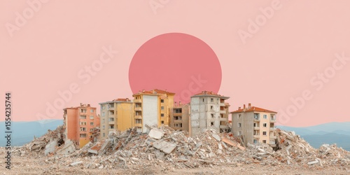 Urban devastation from Turkey earthquake showing collapsed apartment buildings and rubble, highlighting structural vulnerability and construction safety awareness photo