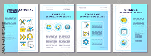 Organizational change blue brochure layout. Types, stages and models of business transition. Leaflet advertising design with color line icons. Editable 4 pages. Arial, Myriad Pro fonts used