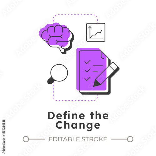 Define change modern linear concept icon. Corporate needs identification. Stage of organizational transformation. Flat outline elements connected with dotted lines. Creative visual. Easy to edit
