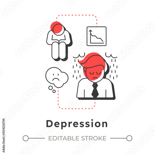 Depression modern linear concept icon. Feeling overwhelmed. Five stages of grief. Organizational change management. Flat outline elements connected with dotted lines. Creative visual. Easy to edit