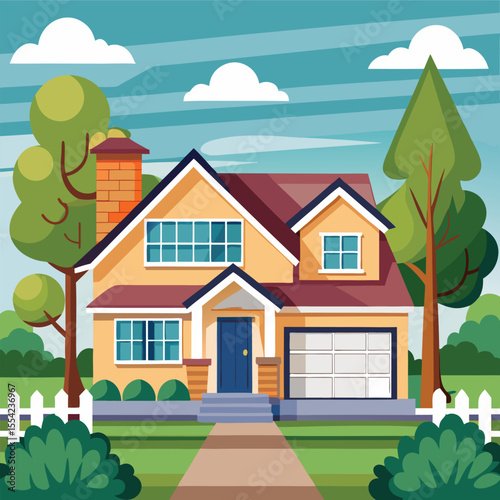 A charming cartoon vector illustration of a residential house with a garden, set against a serene sky and landscape, perfect for depicting suburban or village architecture