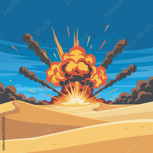 Massive Desert Explosion Fiery Blast in Sandy Landscape