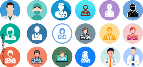 set of vector silhouettes of doctors' profile icons