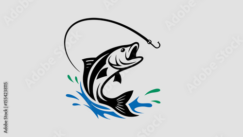 A bold, black and white illustration of a fish leaping high in the air, mouth agape vector art design