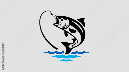 A bold, black and white illustration of a fish leaping high in the air, mouth agape vector art design