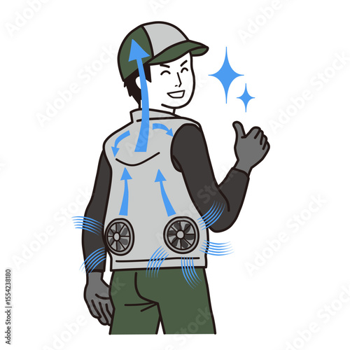 風が流れて快適なファン付きベストを着た、笑顔の働く男性　シンプルなイラスト