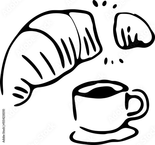 Croissant and Coffee Line Icon | Hand Drawn Cafe Breakfast Outline