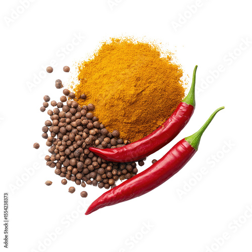 Spices and Chili Peppers on White Background for Culinary Use and Food Photography