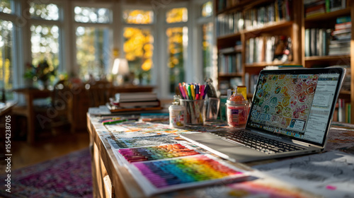 Teacher’s desktop layout showing laptop, printed handouts, and various highlighters on tidy white desk, perfect for academic prep, grading, or school work organization