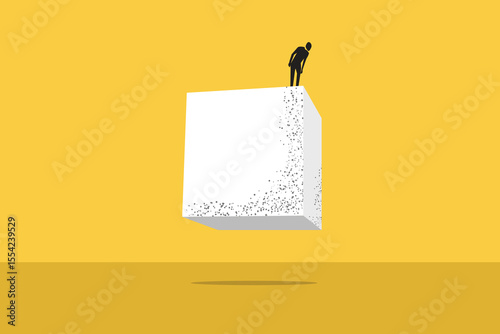 Businessman on top looking down from building. Business crisis, depression or burnout syndrome vector concept. Symbol of stress, recession
