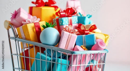 Shopping cart overflowing with colorful gift boxes and festive decorations