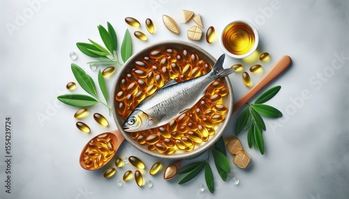 Top view of goldfish oil in bowl for good health on white background. Dietary supplement. Salmon fish oil capsules.