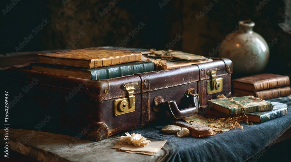 Fototapeta premium An Antique Suitcase and Old Books on a Rustic Surface
