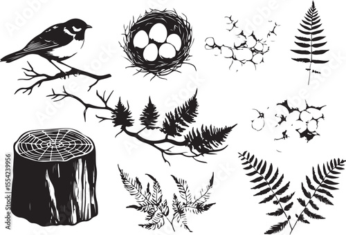 Vector forest wildlife icon set in black and white stock illustration