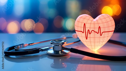 Conceptual heart and stethoscope representing healthcare and medical diagnostics illuminated scene